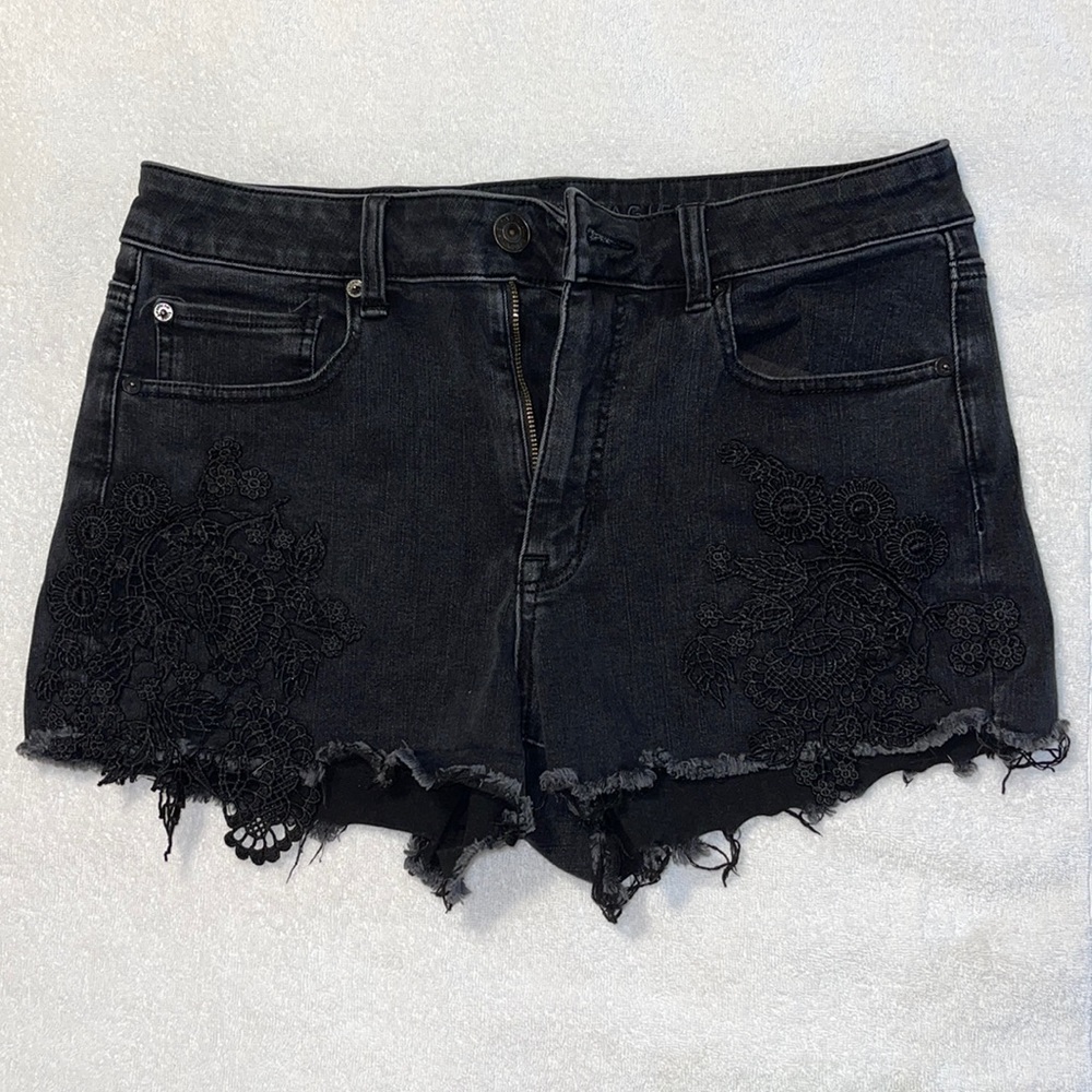 Super Stretch Black Jean Shorts with Lace Detail